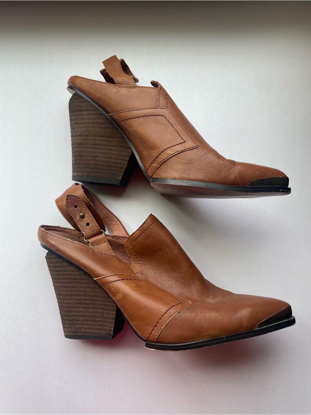 Women’s Tan Leather Slingback Block Heel Sling Booties